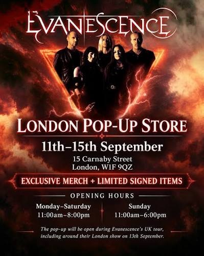 Evanescence Announce pop up shop in London from 11th – 15th September 11, 2026 at 15 Carnaby Street